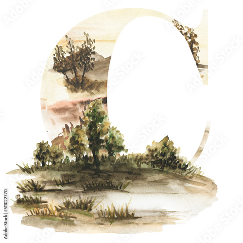 Watercolor alphabet on brown and beige background of nature.Suitable for poster for printing, print, for design works, for postcards and wedding invitations. photo