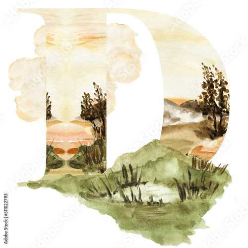 Watercolor alphabet on brown and beige background of nature.Suitable for poster for printing, print, for design works, for postcards and wedding invitations. photo