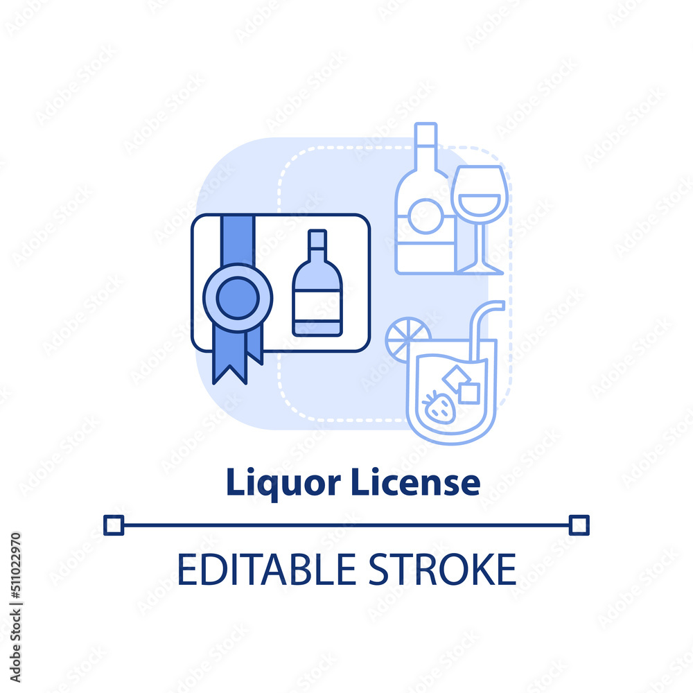 Liquor license light blue concept icon. Permit to serve alcohol abstract idea thin line illustration. Alcoholic beverages. Isolated outline drawing. Editable stroke. Arial, Myriad Pro-Bold fonts used Liquor license light blue concept icon. Permit to serve alcohol abstract idea thin line illustration. Alcoholic beverages. Isolated outline drawing. Editable stroke. Arial, Myriad Pro-Bold fonts used