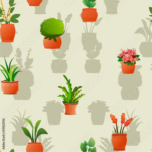 Indoor plants and flowers. In ceramic pots. Seamless pattern. Homemade beautiful herbs. Cartoon fun style. Vector
