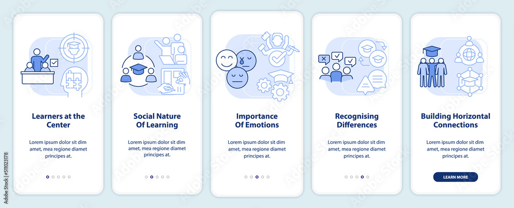 Principles, laws of learning light blue onboarding mobile app screen. Walkthrough 5 steps editable graphic instructions with linear concepts. UI, UX, GUI template. Myriad Pro-Bold, Regular fonts used