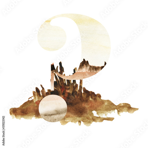 Watercolor alphabet on brown and beige background of nature.Suitable for poster for printing, print, for design works, for postcards and wedding invitations. photo