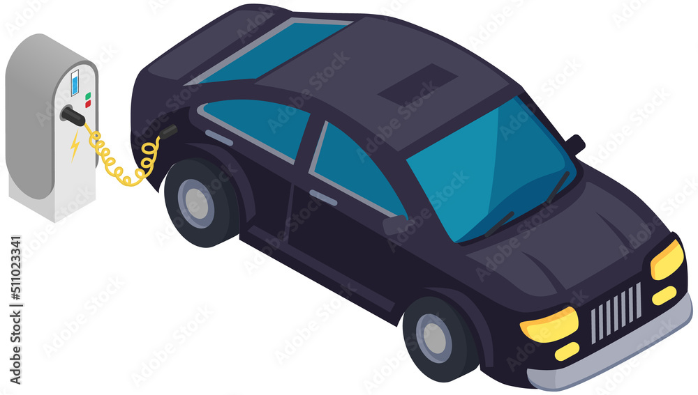 Modern electric smart car charging, automobile parking at charger station with plug in cable