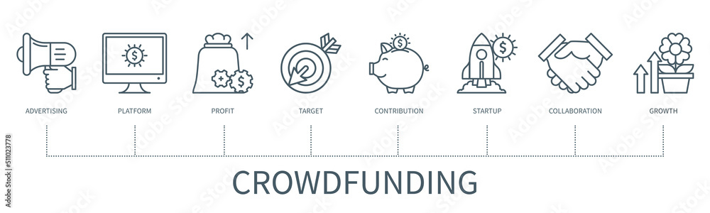 Crowdfunding vector infographic in minimal outline style Crowdfunding vector infographic in minimal outline style