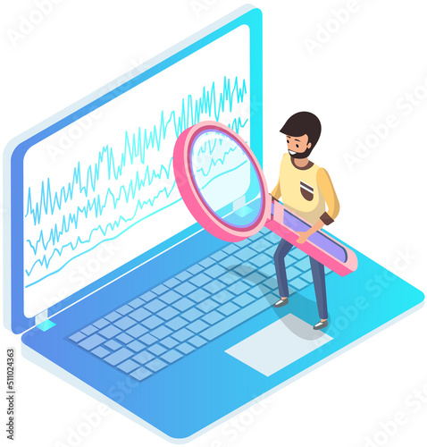 Analytics information and development statistics. Web analysis measure, product testing technology. Man analyses dashboard seo optimization, digital report. Statistical indicators and data on diagram
