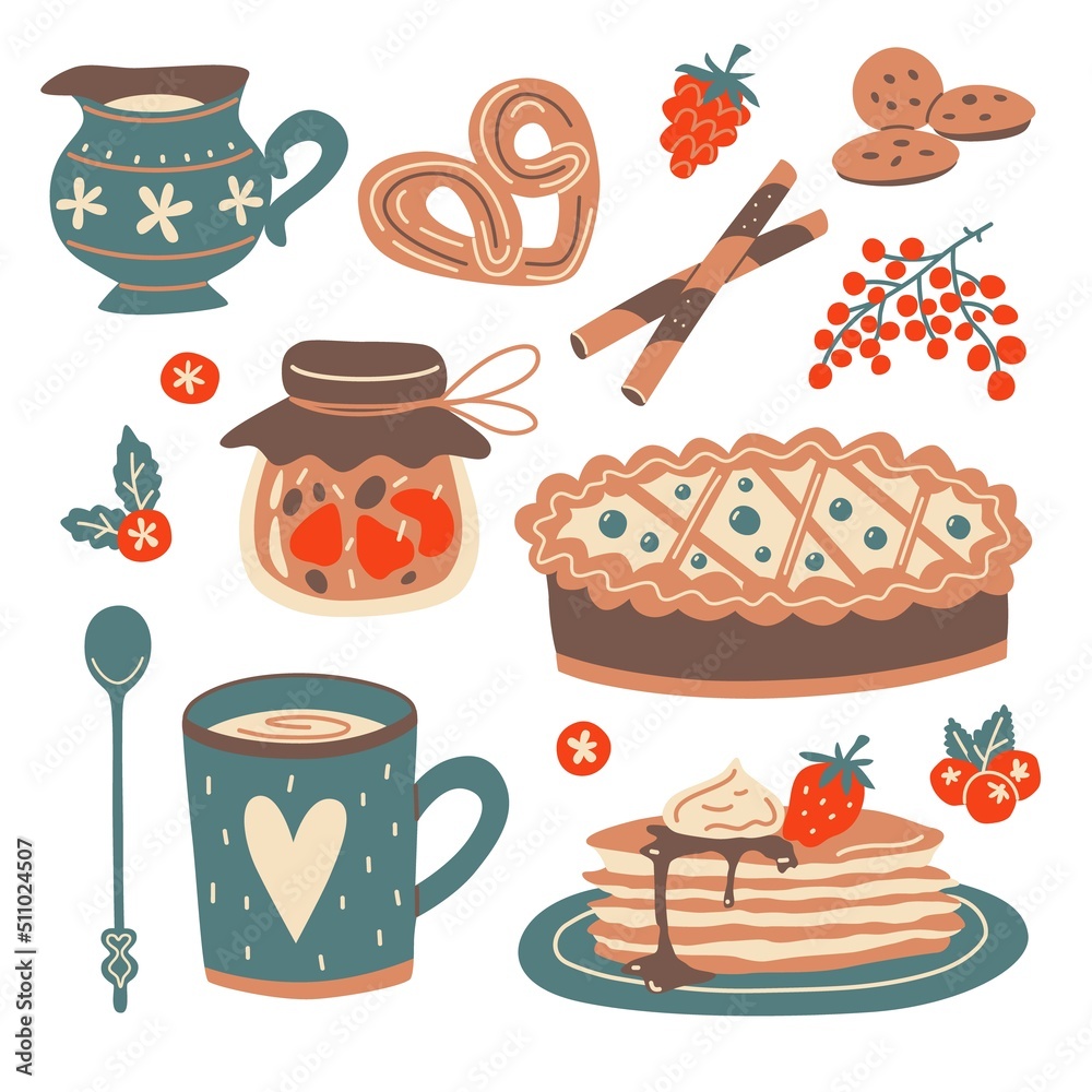 Tea time elements with homemade baked desserts. Vector set.