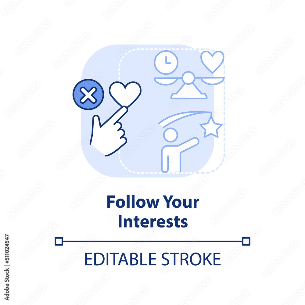 Follow your interests light blue concept icon. Learn what excites you. Learning abstract idea thin line illustration. Isolated outline drawing. Editable stroke. Arial, Myriad Pro-Bold fonts used Follow your interests light blue concept icon. Learn what excites you. Learning abstract idea thin line illustration. Isolated outline drawing. Editable stroke. Arial, Myriad Pro-Bold fonts used