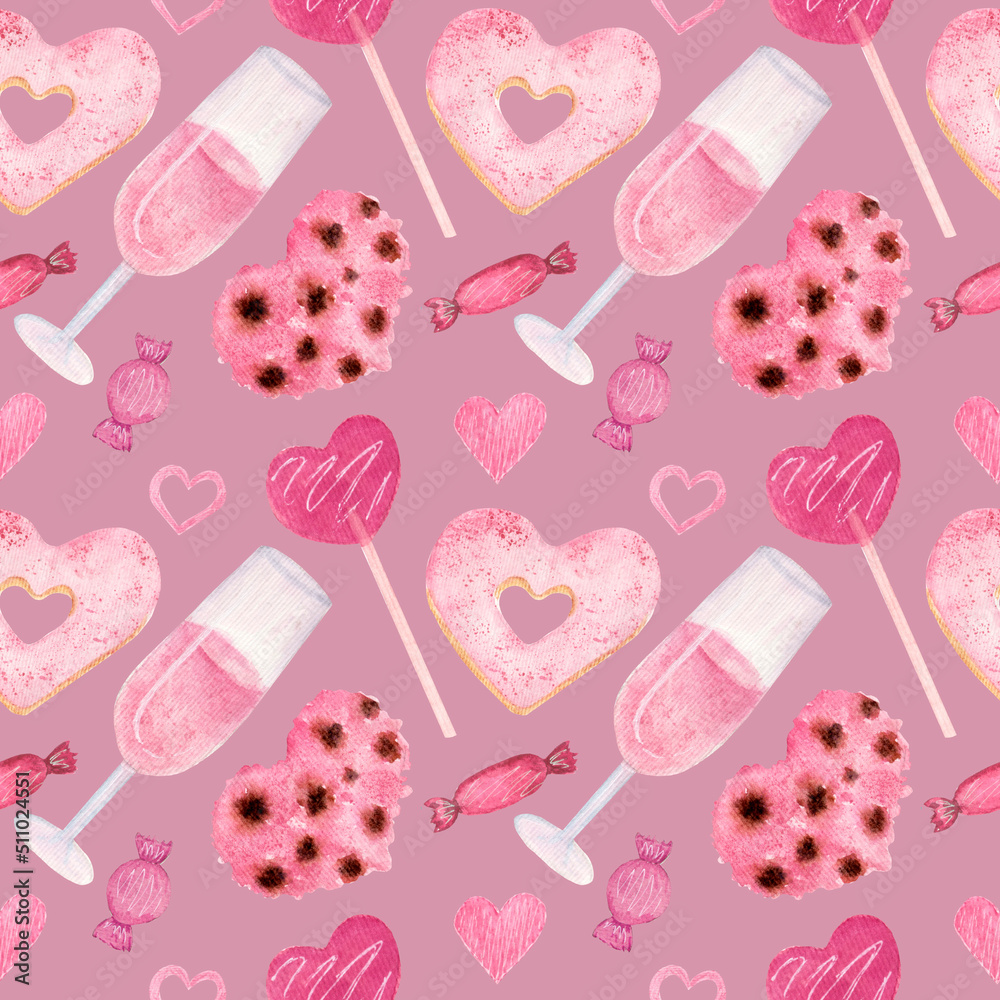 Watercolor pattern, sweets for valentine day, birthday or wedding.Champagne, donut, cookie, candy, lollipop and hearts.