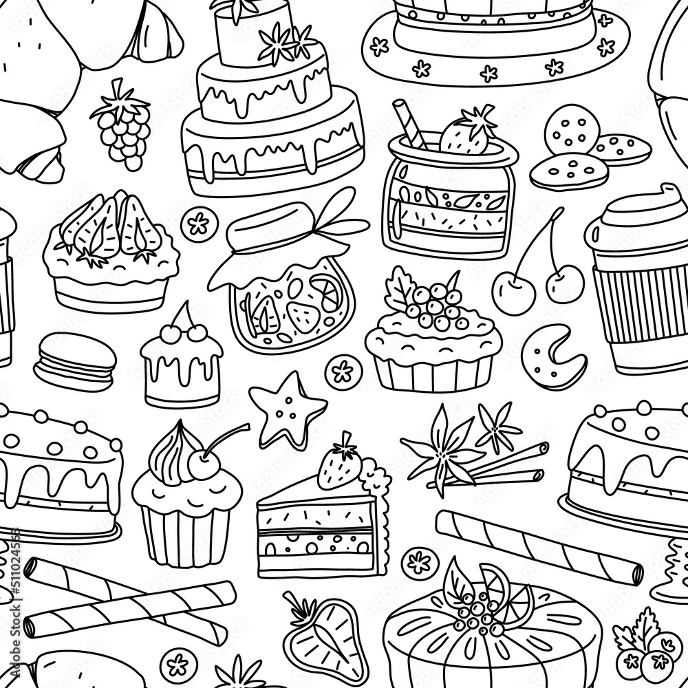 Pastry bakery seamless pattern. Vector doodle background.