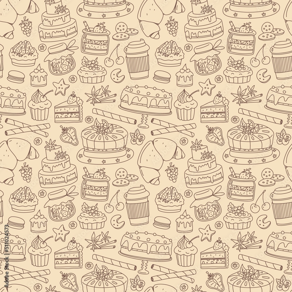 Seamless pattern with dessert pastry bakery elements. Vector doodle background. Seamless pattern with dessert pastry bakery elements. Vector doodle background.