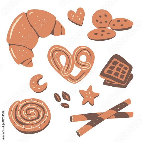 Pastry and bakery elements set. Croissant, cookies and wafers.