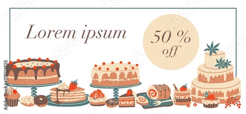 Dessert banner with sale and text space. Vector pastry elements.