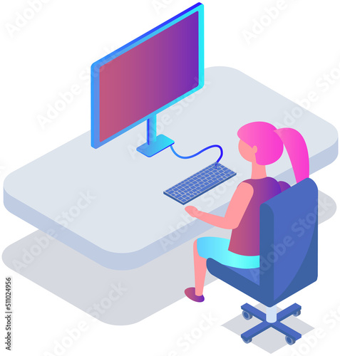 Office workplace. Business woman working with laptop and documents. Employee working from home, remote job using personal computer for tasks completion. Student studying independently