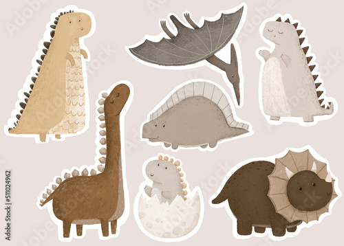 set of dino stickers  dino clipart  dinosaur in natural colours  boho design and print