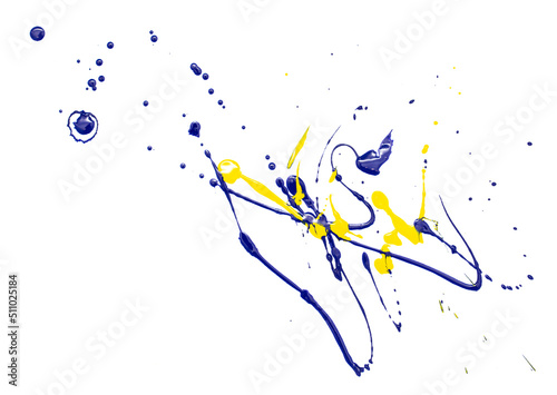 Fototapeta Naklejka Na Ścianę i Meble -  Drops of yellow and blue paint on a white paper background.