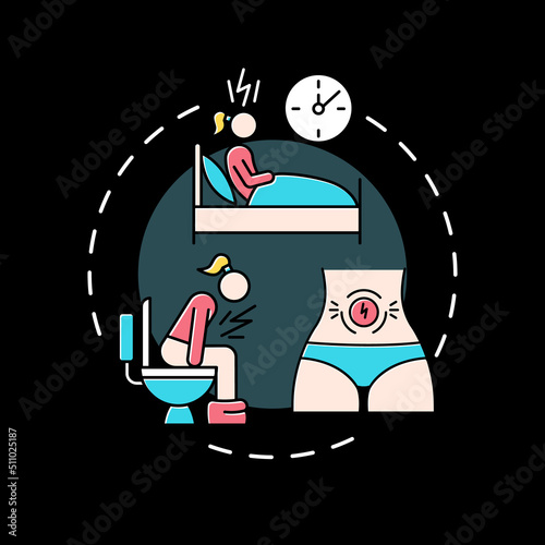 Annoying symptoms of PMS concept icon for dark theme. Women monthly period. Menstrual cramps. Premenstrual syndrome issues abstract idea thin line illustration. Isolated outline drawing