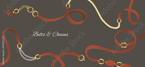 Set of belt elements, chain and braid, pendant, gold and silver links and fasteners for fabric design wallpapers, prints, textile and pattern. Isolated vector with metallic and leather accessories