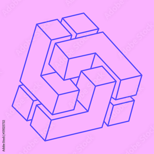 Impossible shapes. Sacred geometry. Optical illusion figures. Abstract eternal geometric object. Impossible geometry shape on a pink background. Optical art.