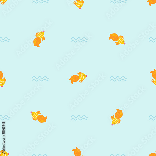 Goldfish in the sea, vector seamless pattern in flat style