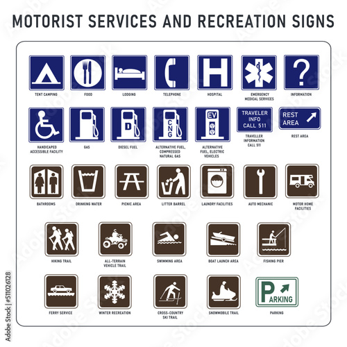 Set of US motorist services and recreation signs	
