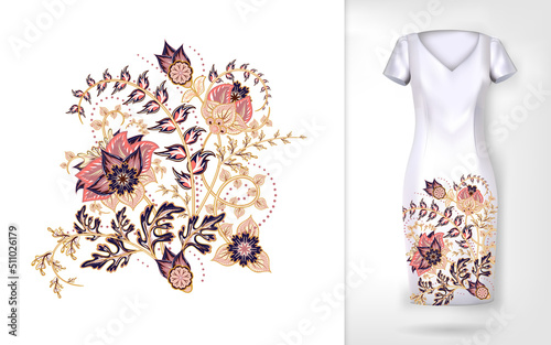 Embroidery colorful trend floral pattern. Vector traditional ornamental flowers pattern on dress mock up. Can be used in dressing clothes, textiles, household items.