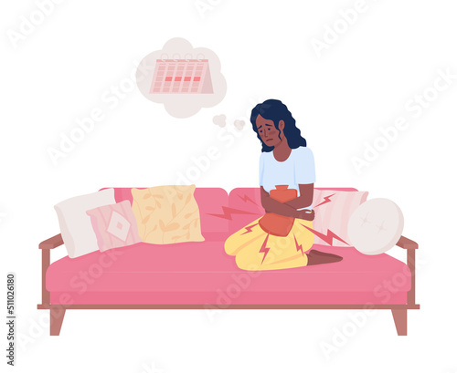 Sick woman relieving period cramps with heating pad semi flat color vector character. Editable figure. Full body person on white. Simple cartoon style illustration for web graphic design and animation