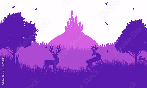 A beautiful landscape with a forest and wild animals against the backdrop of an ancient castle. Modern landscape illustration for banners, posters, cards, wall decor for kids room.