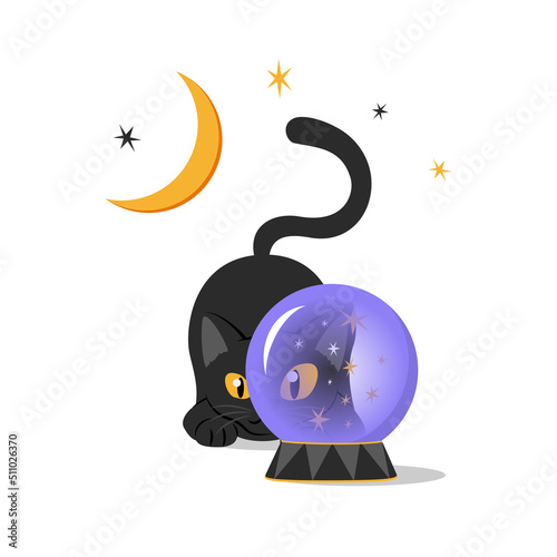 Cute black cat with yellow eyes looks through witch magic crystal. Design element for Halloween banner, greeting card, party invitation. Isolated on white. Vector flat illustration