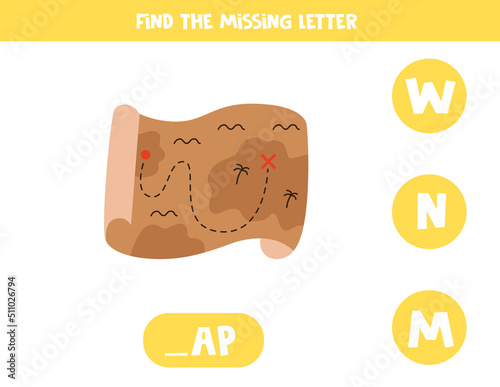 Find missing letter with old pirate map. Spelling worksheet.
