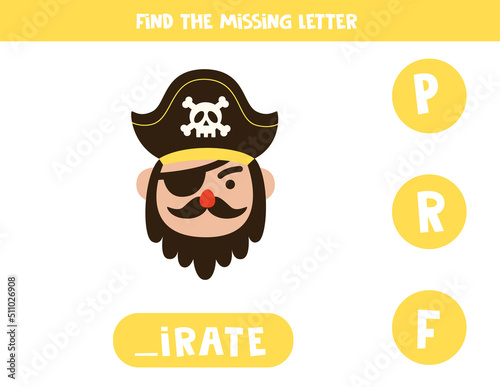 Find missing letter with cute pirate. Spelling worksheet.