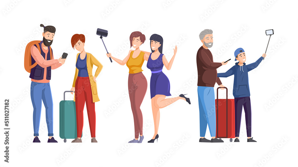 Happy tourists with suitcases making selfie with phones set. Families and friends travelling with luggage and photographing for blog or photo album. People traveling, having vacation trip flat vector Happy tourists with suitcases making selfie with phones set. Families and friends travelling with luggage and photographing for blog or photo album. People traveling, having vacation trip flat vector