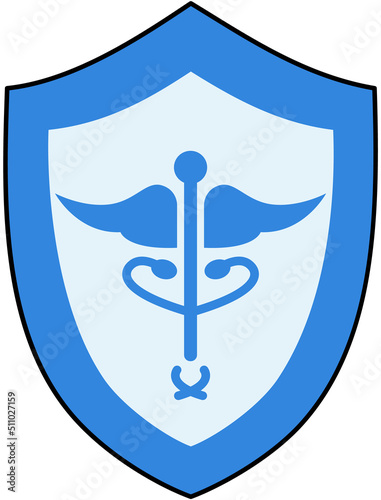Blue medical symbol isolated. Medical health protection shield with snake, Rod of Asclepius sign. Healthcare medicine protected abstract guard shield concept. Health and life insurance service photo