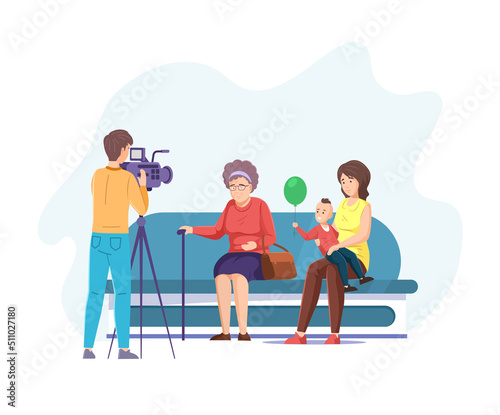 Photographer with camera shooting family sitting on sofa. Grandma, mom and son looking at camera, dad recording video. Male photographer working at studio, family video blog flat vector