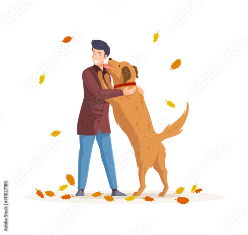 Happy pet owner hugging his friendly big dog. Playful dog licking face of smiling owner. Young man walking and playing with his dog in autumn park. Friendship between man and pet animal flat vector