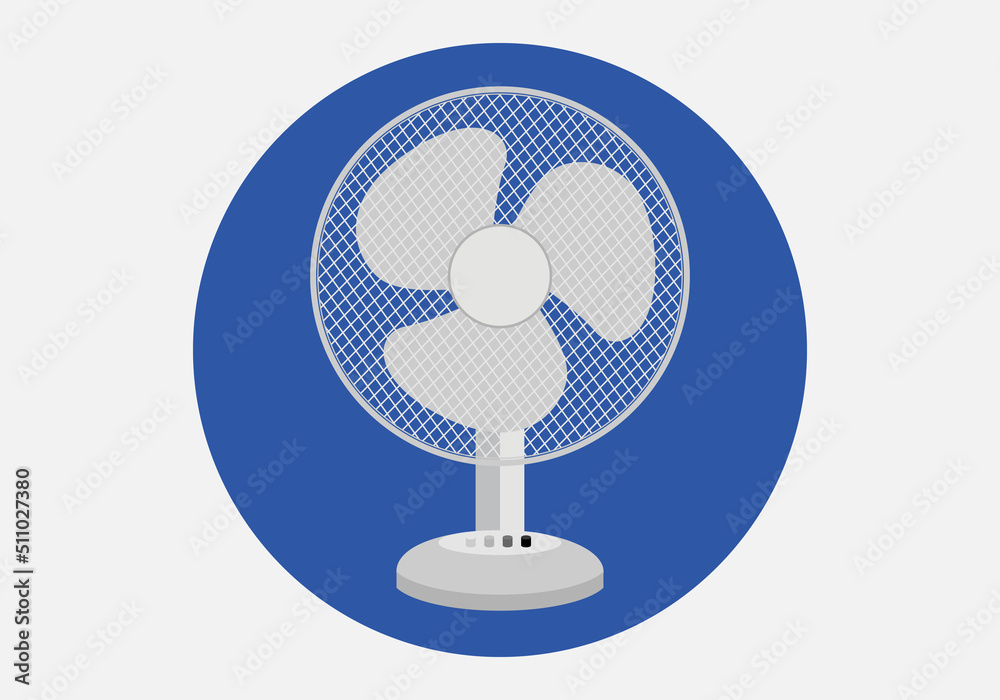 Ventilador de sobremesa en blanco sobre círculo azul. Ola de calor