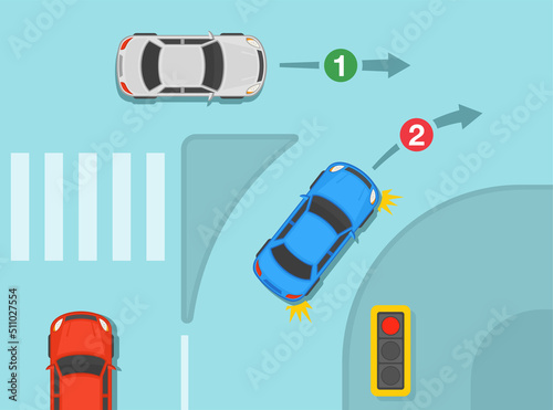 Safety driving tips and traffic regulation rules. A vehicle using a slip lane must give way to any pedestrians and cars continuing road when entering the road. Top view. Flat vector illustration.