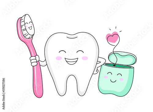 Fototapeta Naklejka Na Ścianę i Meble -  Cute cartoon tooth character with toothbrush and dental floss. Dental care concept. Vector illustration.