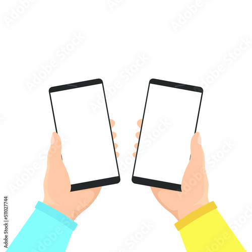 Two hands holding a phone with message, icons and emoji. Communication concept on white background. Concept of social networks. vector flat cartoon illustration for website and banner design. 