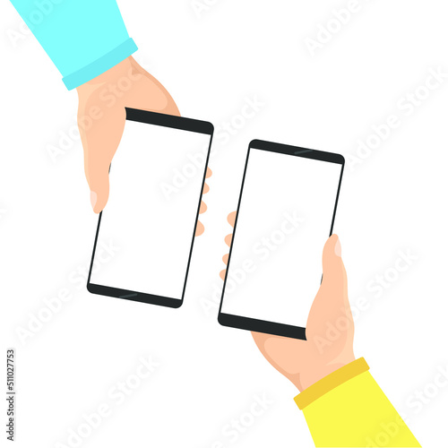 Two hands holding a phone with message, icons and emoji. Communication concept on white background. Concept of social networks. vector flat cartoon illustration for website and banner design. 