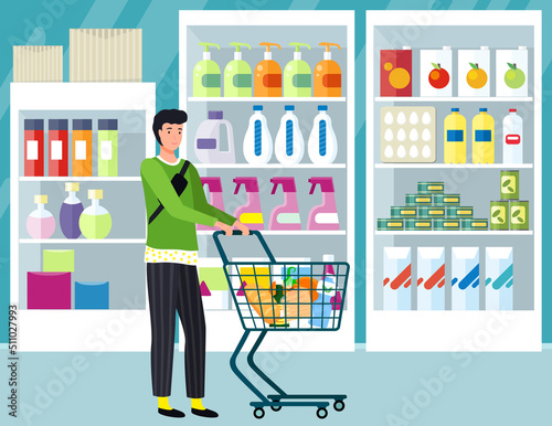 Supermarket, grocery store with food on shelves. Sale, discounts in food store. Shop in mall for selling groceries. People make purchases, choose goods, buy products in supermarket vector illustration