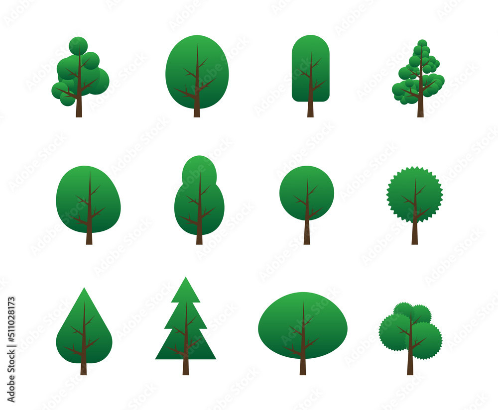 TREES. Vector set of flat trees, forest and bush. Collection elements, various green trees, bushes. Nature design flat icon of forest. Simple spring, summer illustration. Minimal cute nature icons.