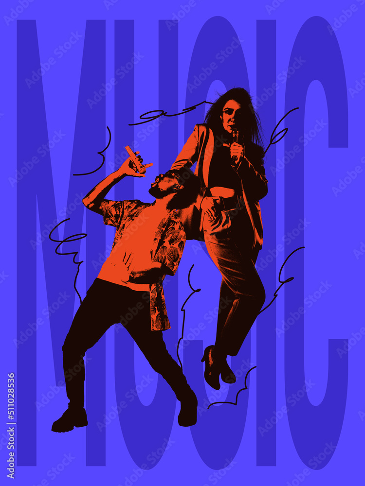 Poster graphics. Contemporary art collage. Young musicians performing, singing isolated over blue background with lettering. Creativity, inspiration, imagination