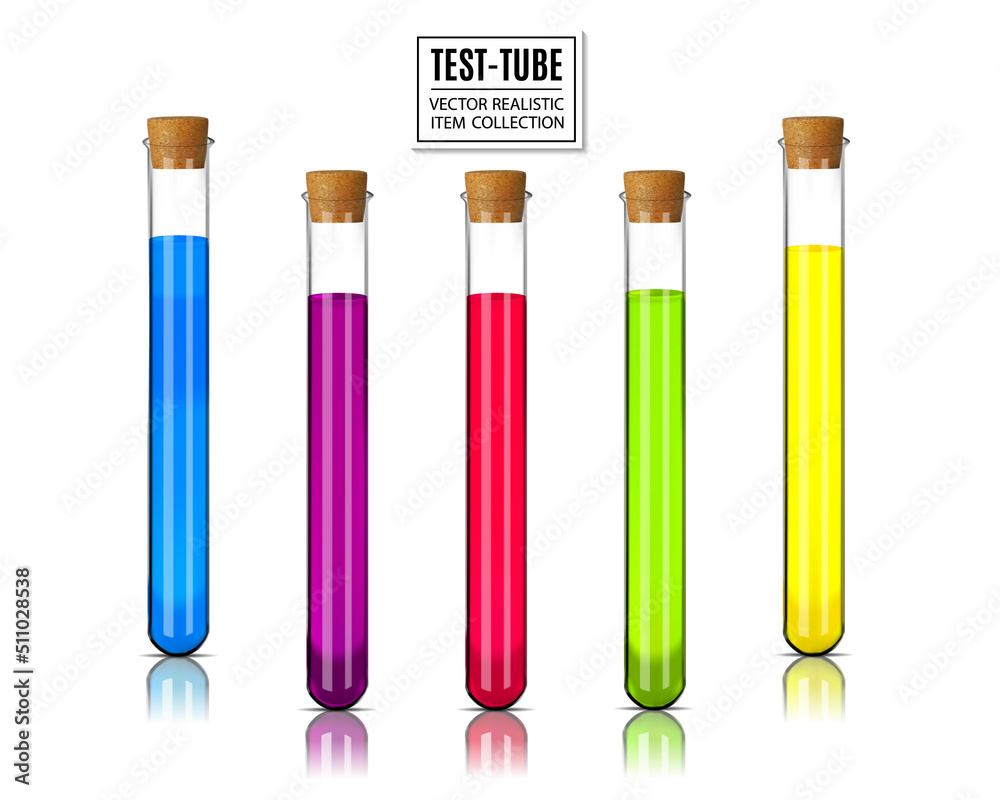 Colored liquids in five test tubes isolated over white background. Realistic vector, 3d illustration Colored liquids in five test tubes isolated over white background. Realistic vector, 3d illustration