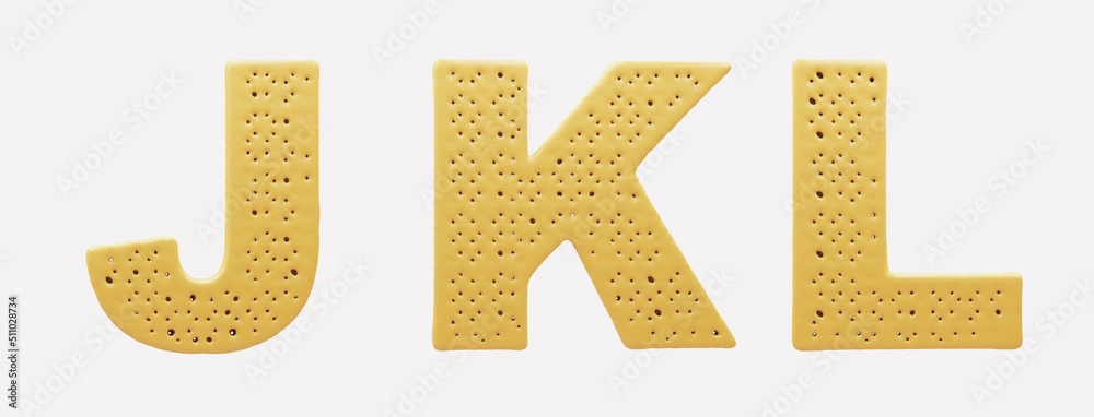 Cream Cracker alphabet. Letters J, K, L, biscuit. 3d illustration. Easy cutting. Isolated white background. Cream Cracker alphabet. Letters J, K, L, biscuit. 3d illustration. Easy cutting. Isolated white background.