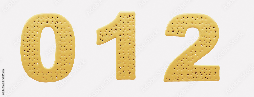Cream Cracker alphabet. Numbers 0, 1, 2, biscuit. 3d illustration. Easy cutting. Isolated white background.