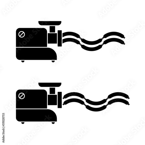 Electric meat grinder with sausage. Black silhouette. Isolated vector illustration on white background.