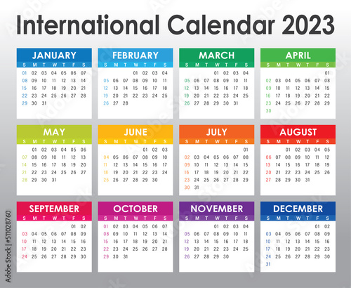 Colorful Calendar year 2023 vector design template  simple and clean design. Calendar for 2023on White Background for organization and business. Week Starts Sunday. Simple Vector Template. EPS10.