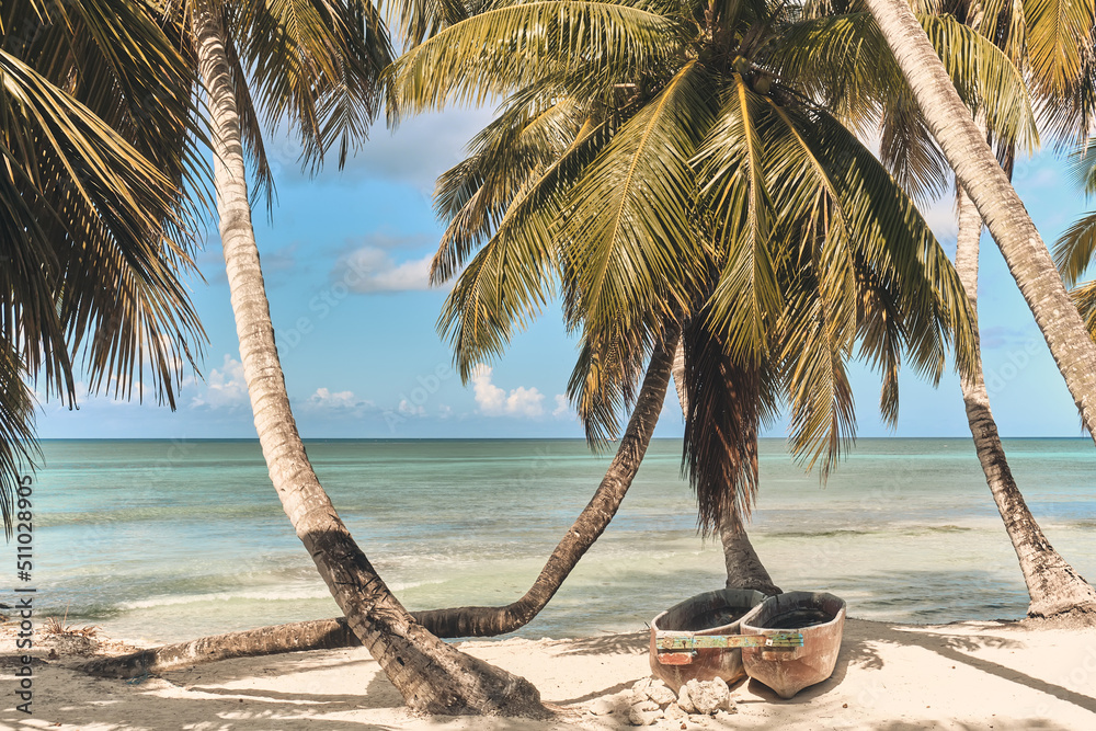 Palm trees on the beach of Saona island in the Caribbean sea. Summer landscape. - obrazy, fototapety, plakaty 