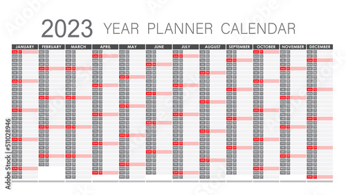 2023 Year Planner - Wall Planner Calendar Red and grey Color- Full Editable - Vector
