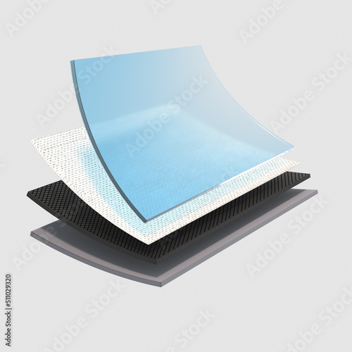 Hierarchical materials realistic fabrics, functional fibers or sanitary pads. 3D Advertising Model Isolated Antibacterial Disposable Fiber Soft Filler, Comfortable Synthetic Fiber.